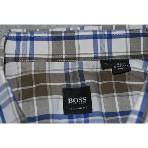 Boss Hugo Boss Dress Shirt Mens Size XL Regular Fit Brown Blue Plaids Cotton - Picture 6 of 7